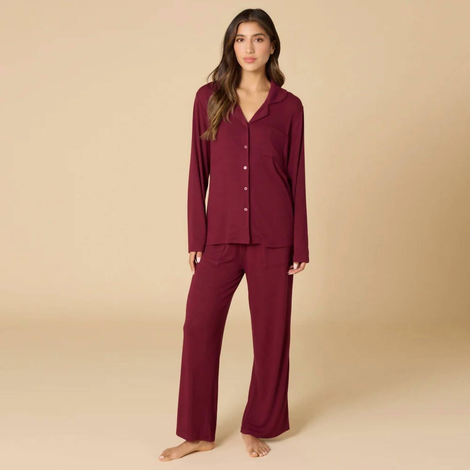 New Softies Aria- Slim Notch Collar Pajama Set In Cherry Cola